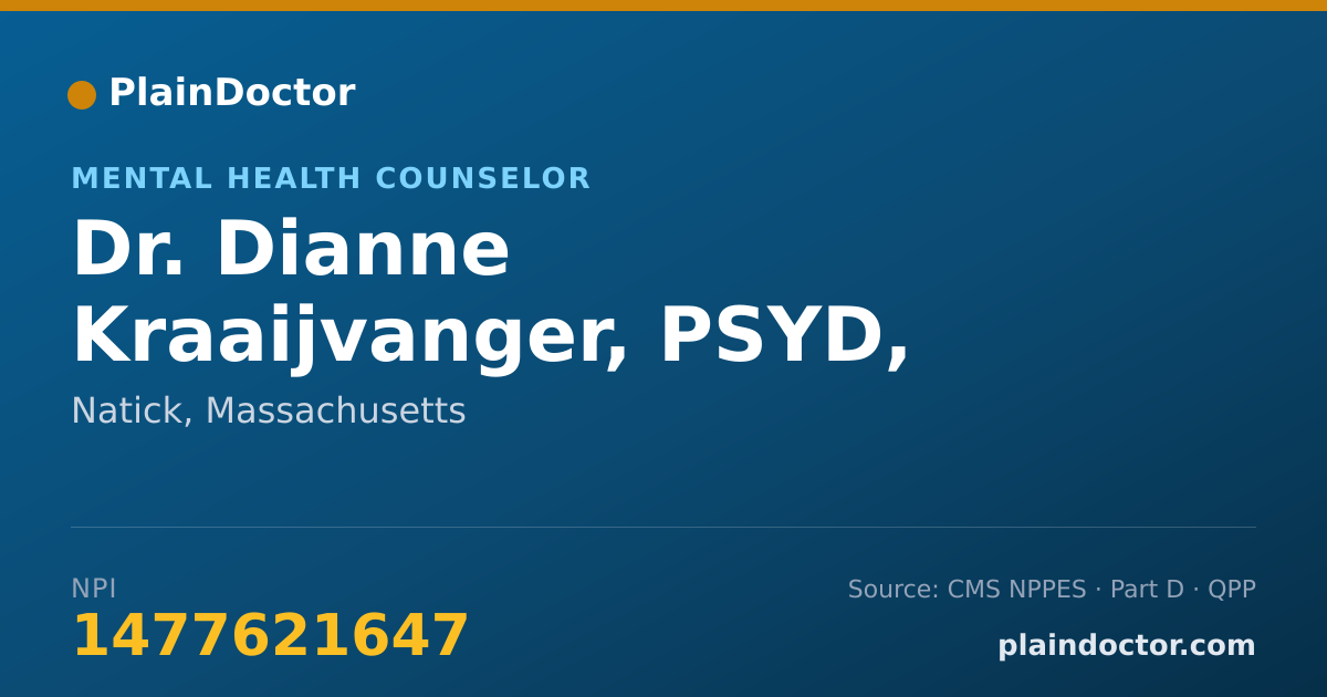Shareable card for Dianne Kraaijvanger, PSYD, LMHC, LMFT - Mental Health Counselor, Natick, MA