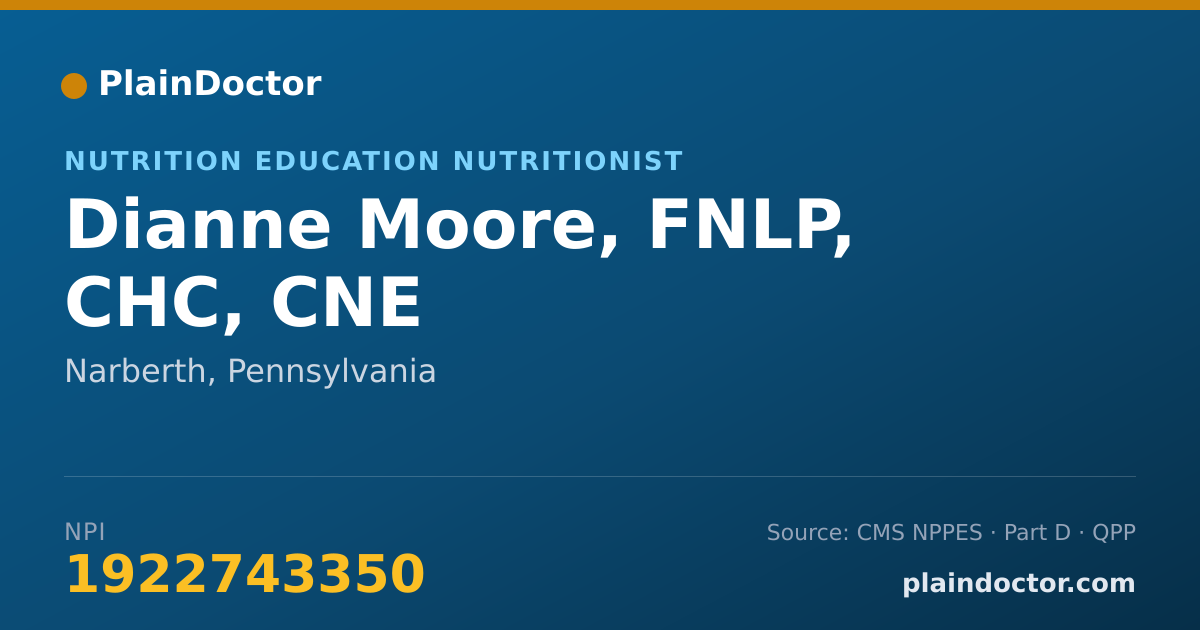 Shareable card for Dianne Moore, FNLP, CHC, CNE - Nutrition Education Nutritionist, Narberth, PA