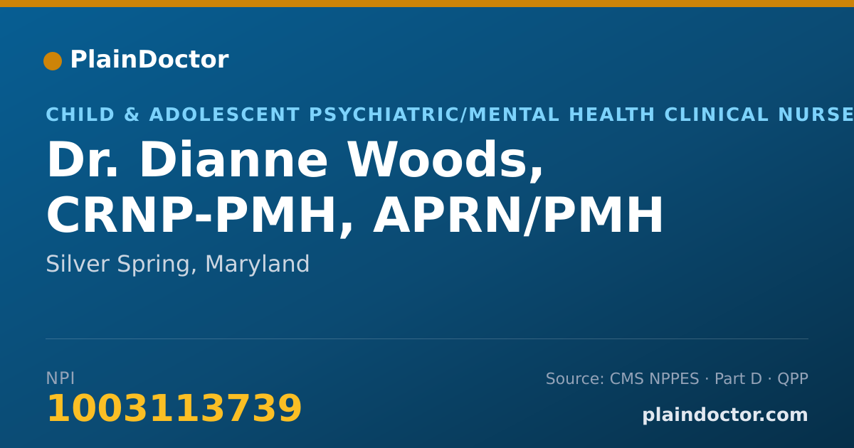Shareable card for Dianne Woods, CRNP-PMH, APRN/PMH - Child & Adolescent Psychiatric/Mental Health Clinical Nurse Specialist, Silver Spring, MD
