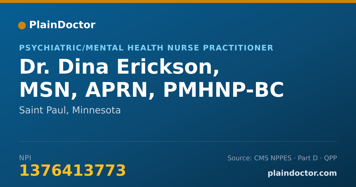 Shareable card for Dina Erickson, MSN, APRN, PMHNP-BC - Psychiatric/Mental Health Nurse Practitioner, Saint Paul, MN