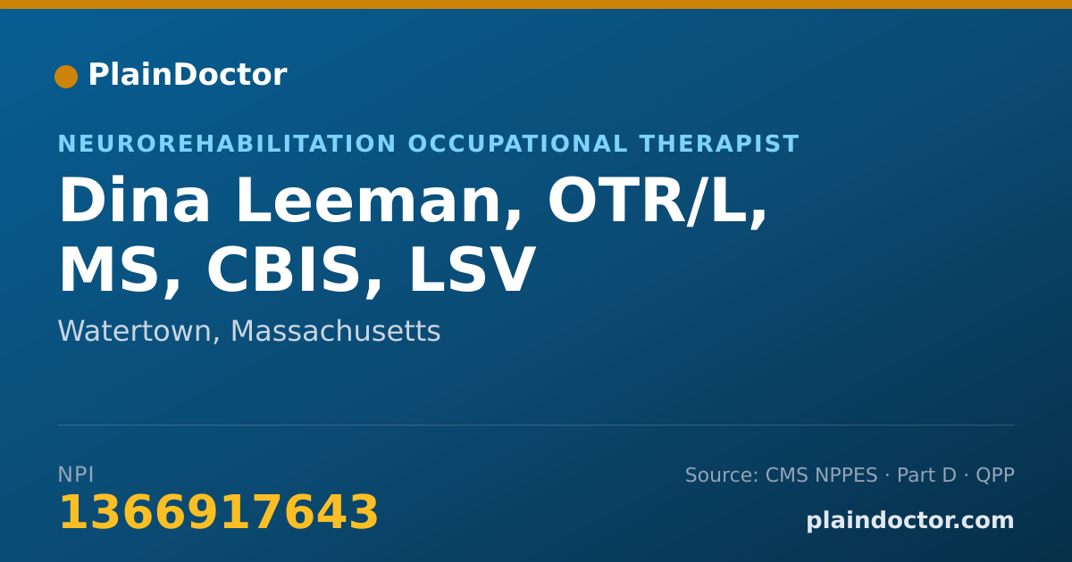 Shareable card for Dina Leeman, OTR/L, MS, CBIS, LSV - Neurorehabilitation Occupational Therapist, Watertown, MA