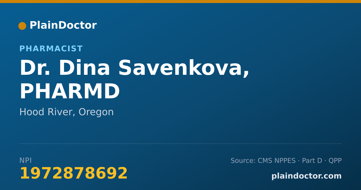 Shareable card for Dina Savenkova, PHARMD - Pharmacist, Hood River, OR
