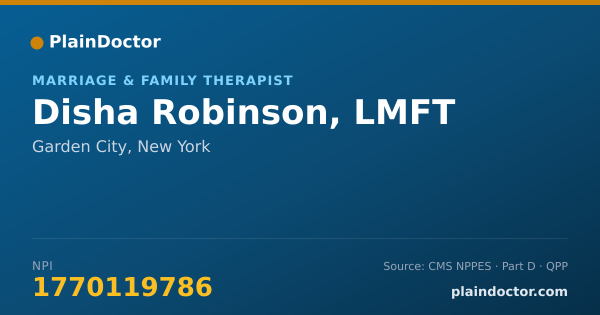 Shareable card for Disha Robinson, LMFT - Marriage & Family Therapist, Garden City, NY