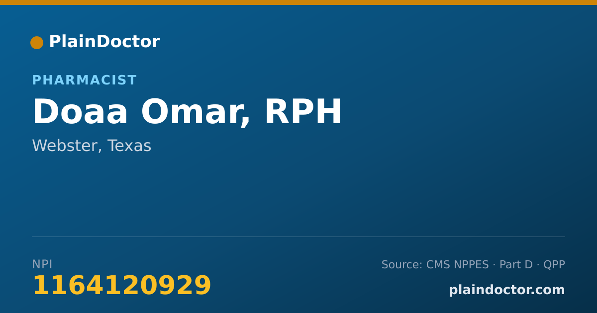 Shareable card for Doaa Omar, RPH - Pharmacist, Webster, TX