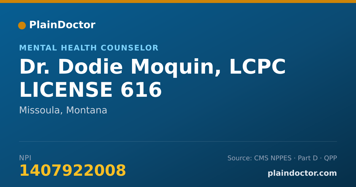 Shareable card for Dodie Moquin, LCPC LICENSE 616 - Mental Health Counselor, Missoula, MT