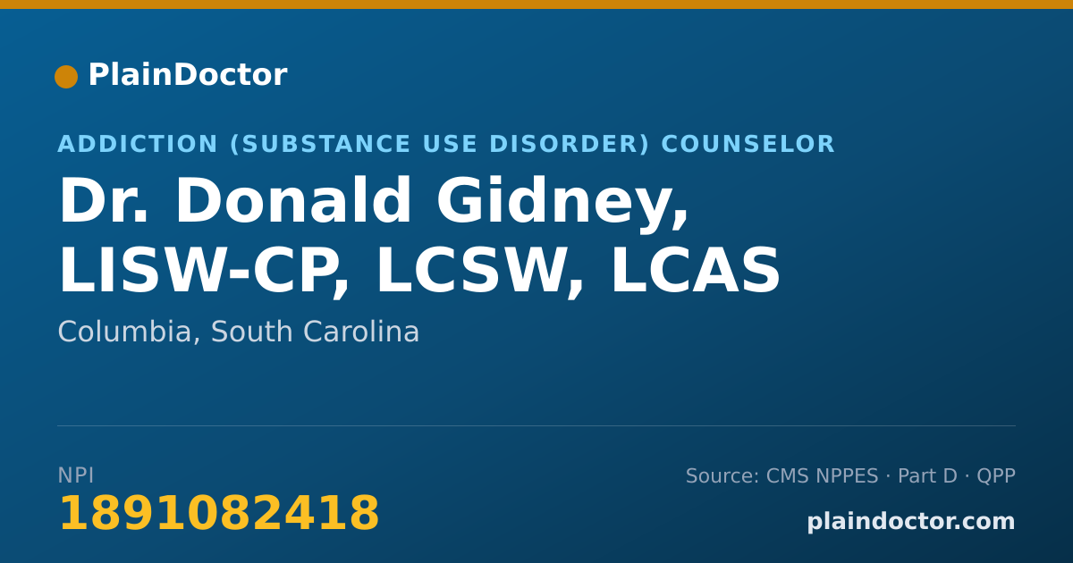 Shareable card for Donald Gidney, LISW-CP, LCSW, LCAS - Addiction (Substance Use Disorder) Counselor, Columbia, SC