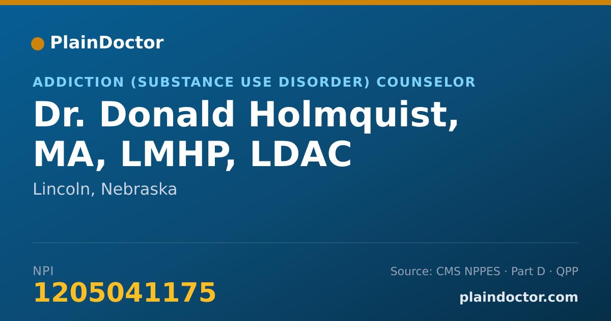 Shareable card for Donald Holmquist, MA, LMHP, LDAC - Addiction (Substance Use Disorder) Counselor, Lincoln, NE