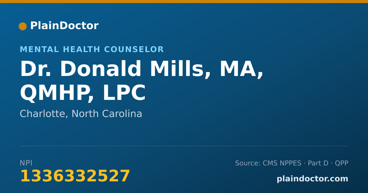 Shareable card for Donald Mills, MA, QMHP, LPC - Mental Health Counselor, Charlotte, NC