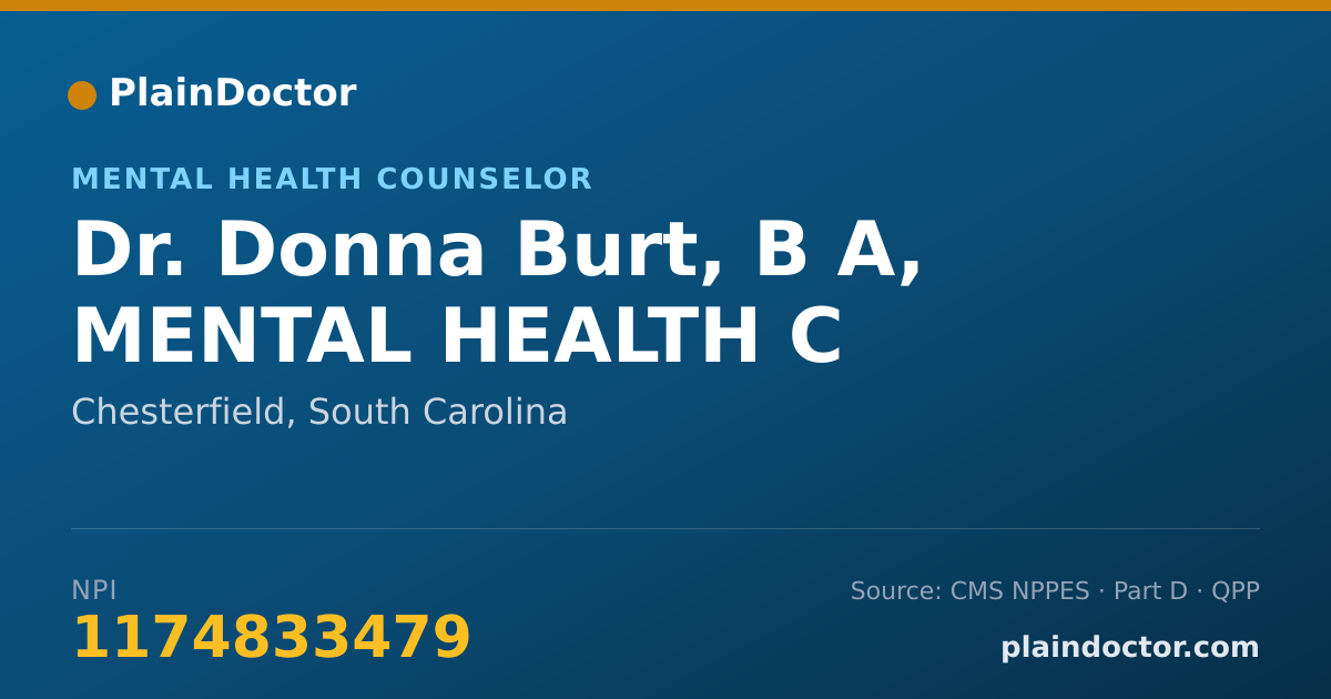 Shareable card for Donna Burt, B A, MENTAL HEALTH C - Mental Health Counselor, Chesterfield, SC