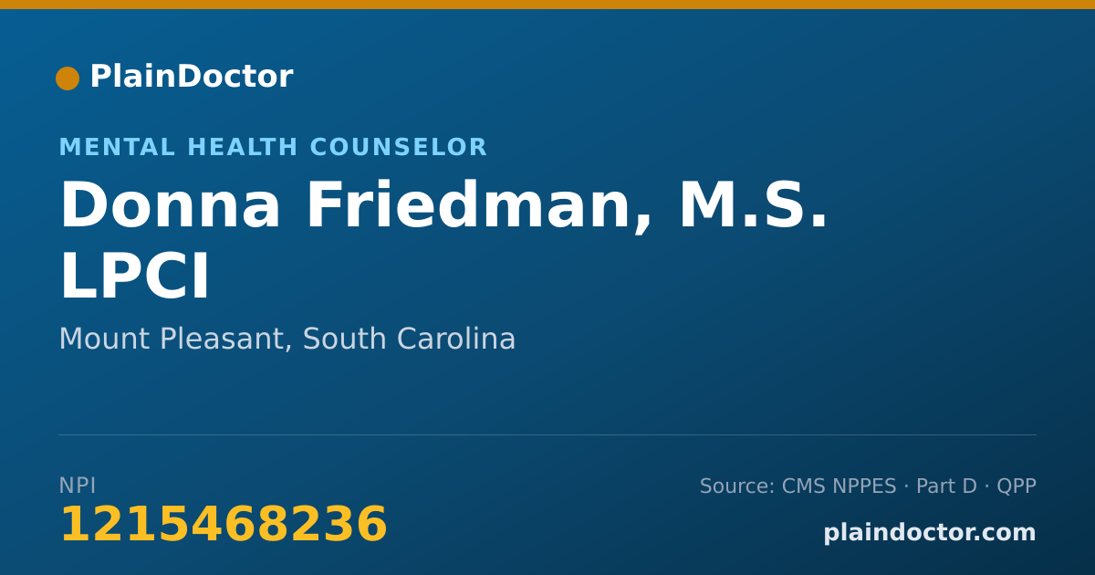 Shareable card for Donna Friedman, M.S. LPCI - Mental Health Counselor, Mount Pleasant, SC