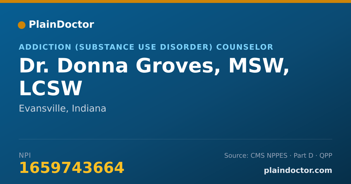 Shareable card for Donna Groves, MSW, LCSW - Addiction (Substance Use Disorder) Counselor, Evansville, IN