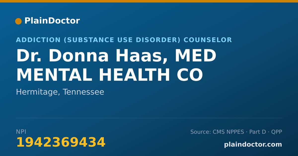 Shareable card for Donna Haas, MED MENTAL HEALTH CO - Addiction (Substance Use Disorder) Counselor, Hermitage, TN