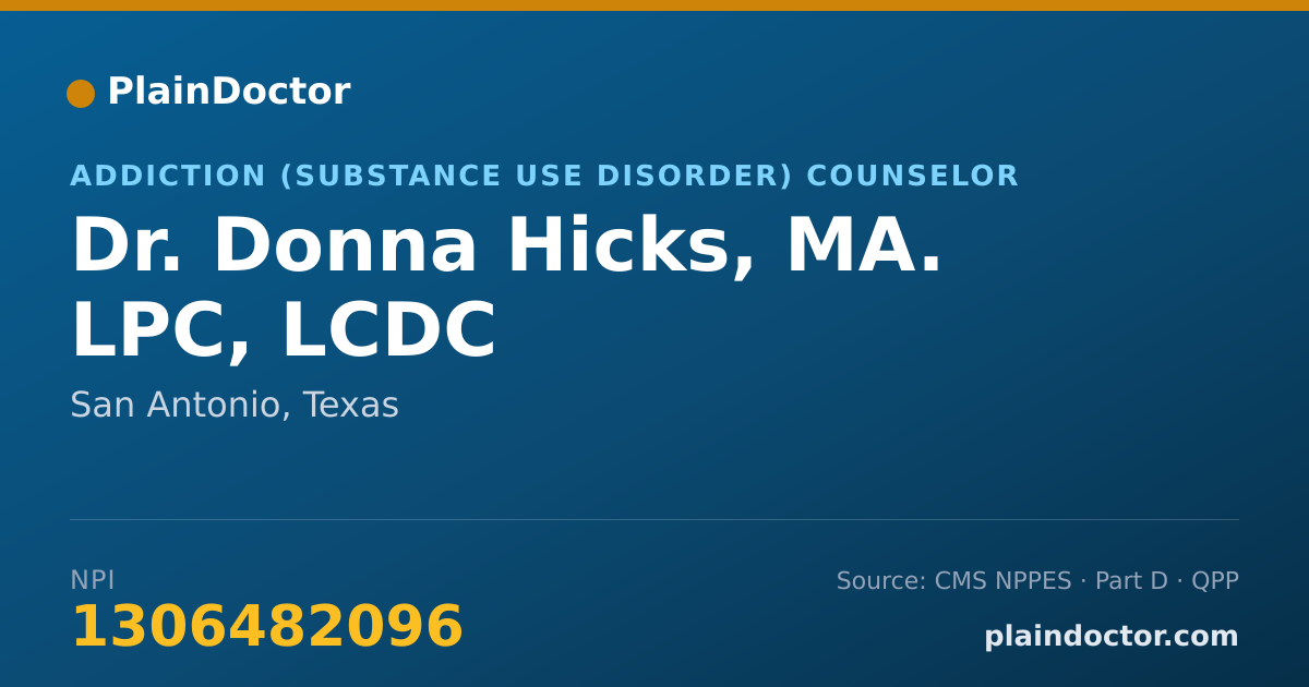 Shareable card for Donna Hicks, MA. LPC, LCDC - Addiction (Substance Use Disorder) Counselor, San Antonio, TX
