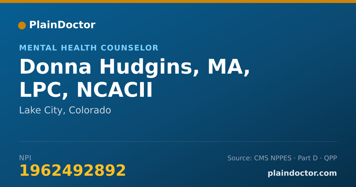 Shareable card for Donna Hudgins, MA, LPC, NCACII - Mental Health Counselor, Lake City, CO