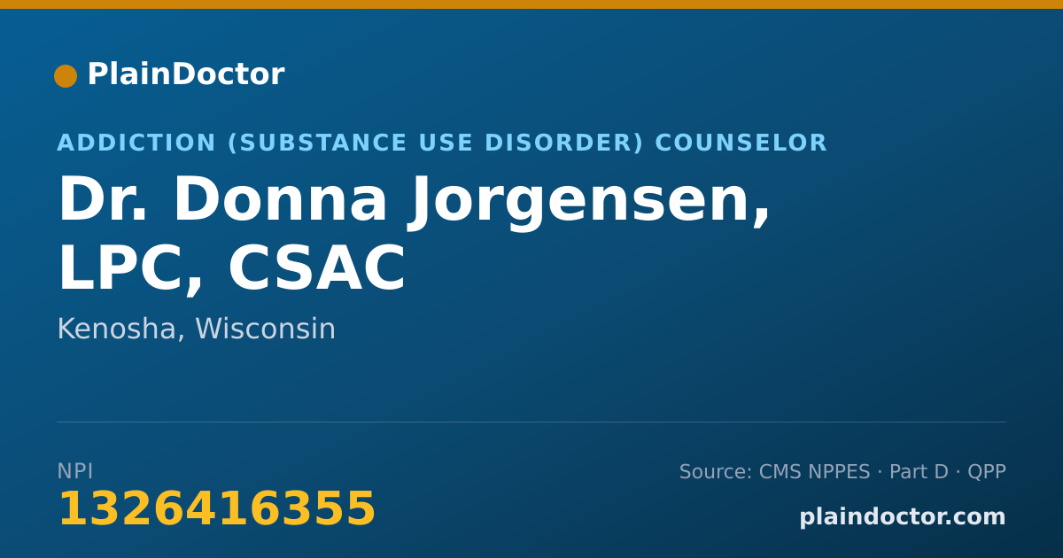Shareable card for Donna Jorgensen, LPC, CSAC - Addiction (Substance Use Disorder) Counselor, Kenosha, WI