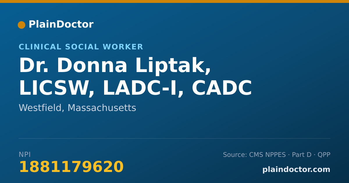Shareable card for Donna Liptak, LICSW, LADC-I, CADC - Clinical Social Worker, Westfield, MA