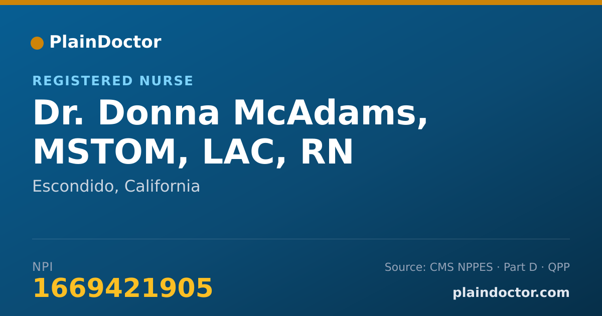 Shareable card for Donna McAdams, MSTOM, LAC, RN - Registered Nurse, Escondido, CA