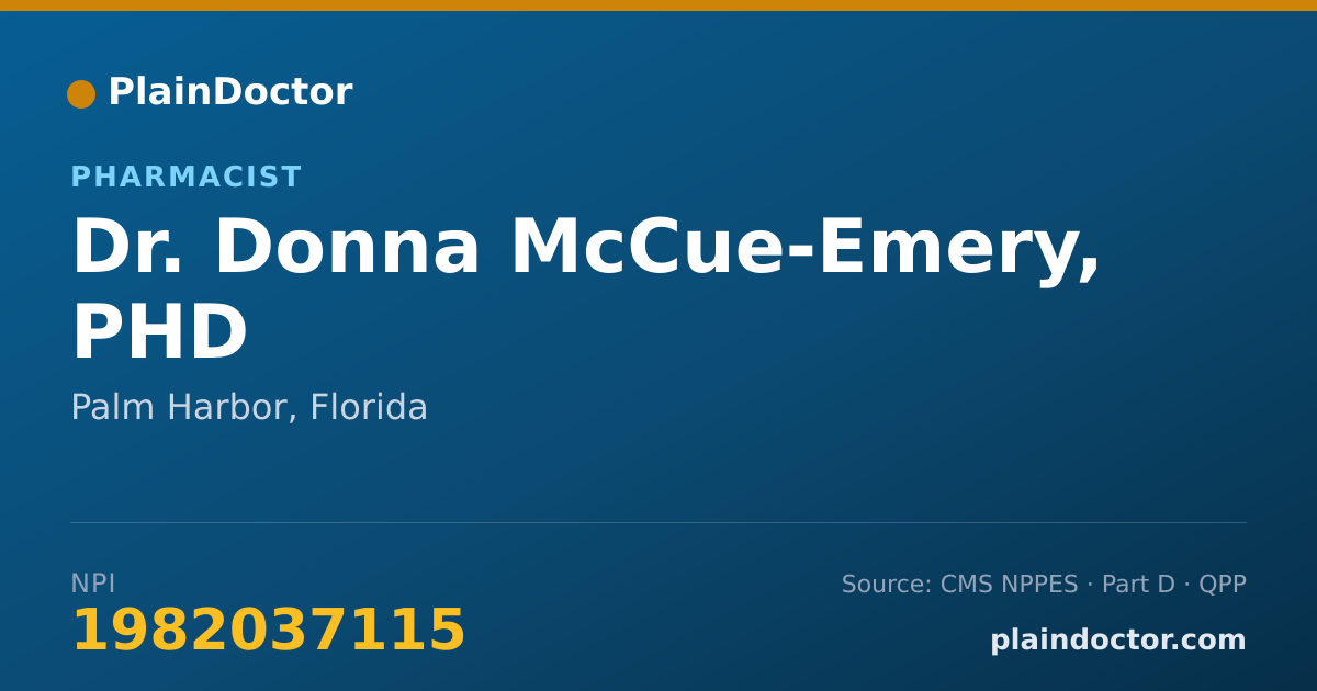 Shareable card for Donna McCue-Emery, PHD - Pharmacist, Palm Harbor, FL