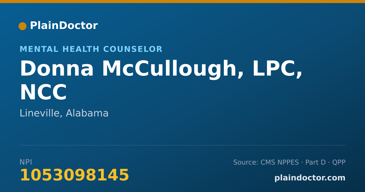 Shareable card for Donna McCullough, LPC, NCC - Mental Health Counselor, Lineville, AL
