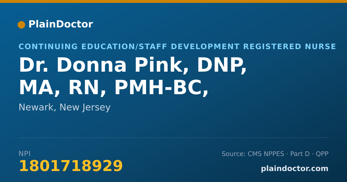 Shareable card for Donna Pink, DNP, MA, RN, PMH-BC, - Continuing Education/Staff Development Registered Nurse, Newark, NJ