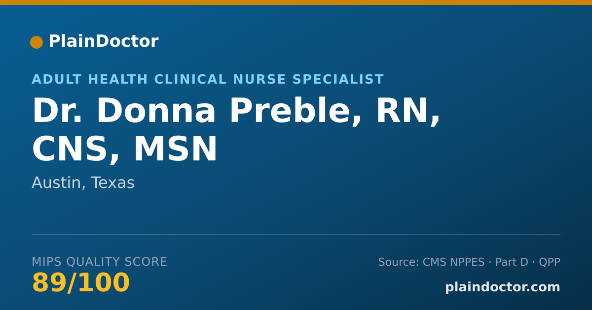 Shareable card for Donna Preble, RN, CNS, MSN - Adult Health Clinical Nurse Specialist, Austin, TX