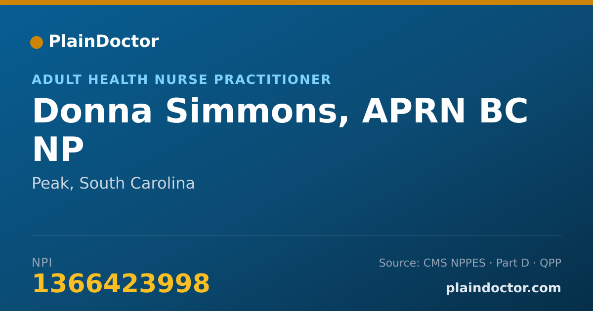 Shareable card for Donna Simmons, APRN BC NP - Adult Health Nurse Practitioner, Peak, SC