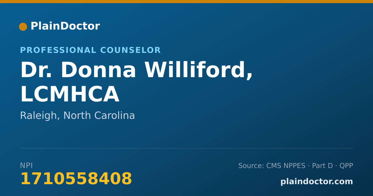 Shareable card for Donna Williford, LCMHCA - Professional Counselor, Raleigh, NC