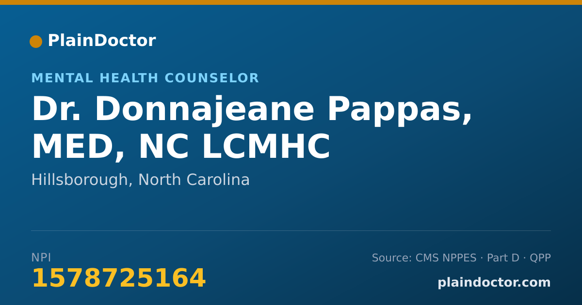 Shareable card for Donnajeane Pappas, MED, NC LCMHC - Mental Health Counselor, Hillsborough, NC