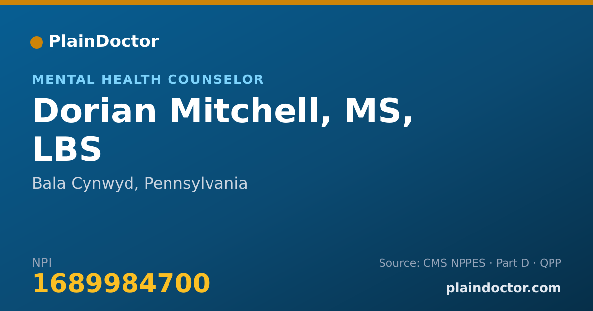 Shareable card for Dorian Mitchell, MS, LBS - Mental Health Counselor, Bala Cynwyd, PA