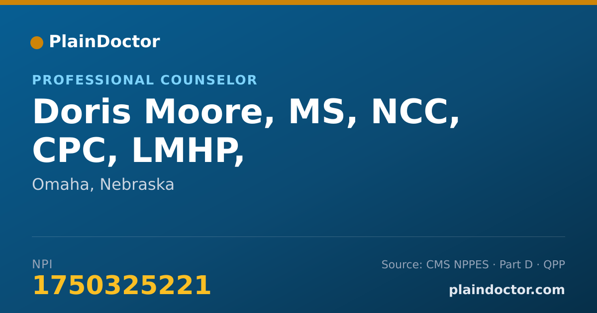Shareable card for Doris Moore, MS, NCC, CPC, LMHP, - Mental Health Counselor, Omaha, NE