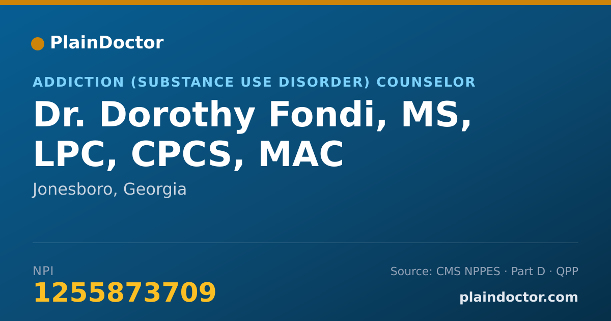 Shareable card for Dorothy Fondi, MS, LPC, CPCS, MAC - Addiction (Substance Use Disorder) Counselor, Jonesboro, GA