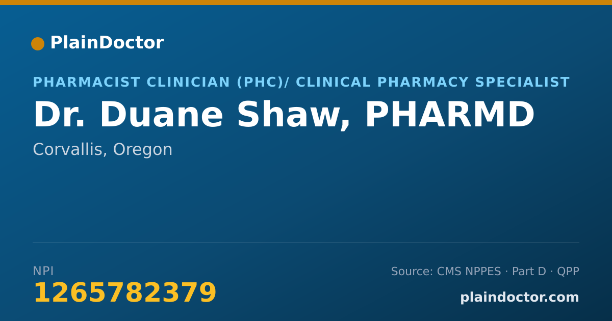 Shareable card for Duane Shaw, PHARMD - Pharmacist Clinician (PhC)/ Clinical Pharmacy Specialist, Corvallis, OR
