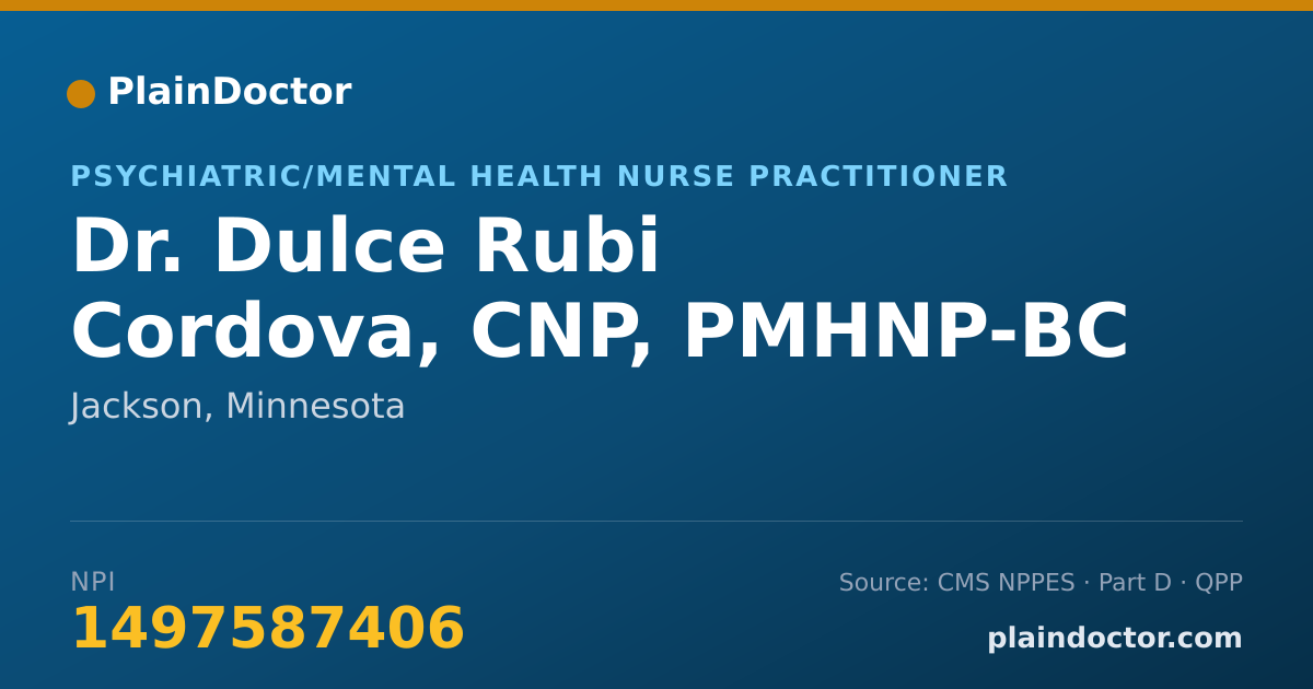 Shareable card for Dulce Rubi Cordova, CNP, PMHNP-BC - Psychiatric/Mental Health Nurse Practitioner, Jackson, MN
