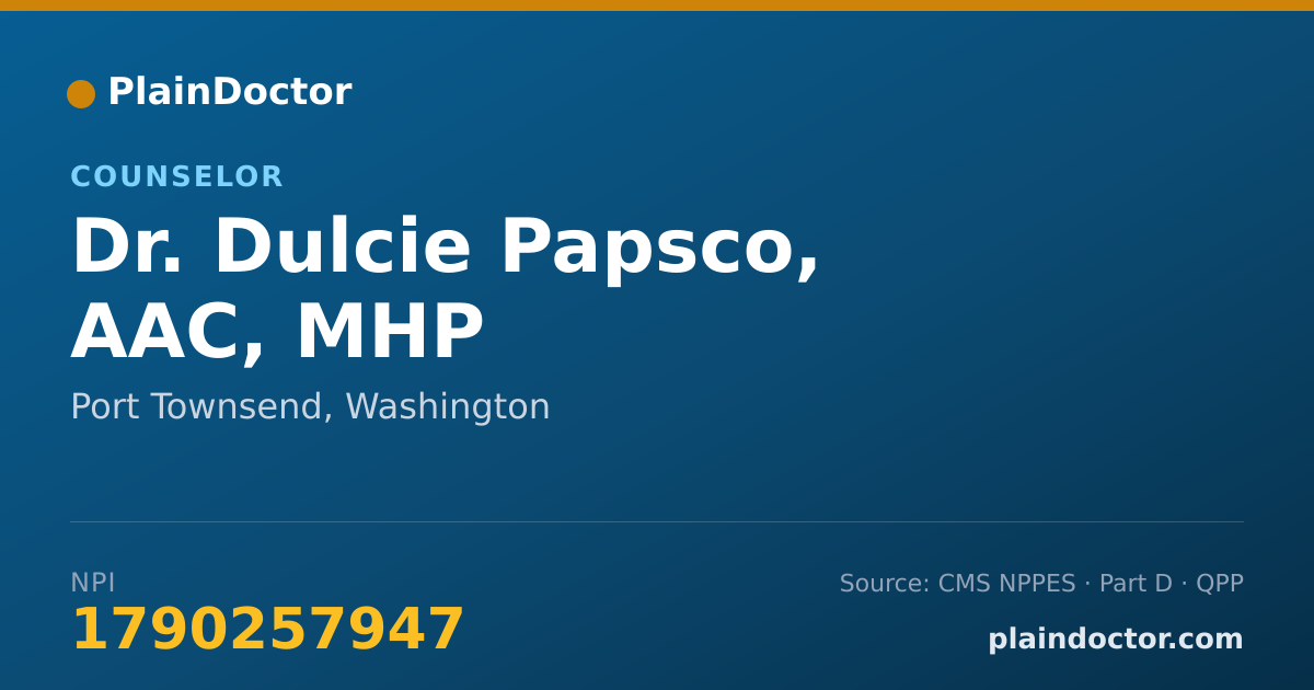 Shareable card for Dulcie Papsco, AAC, MHP - Counselor, Port Townsend, WA