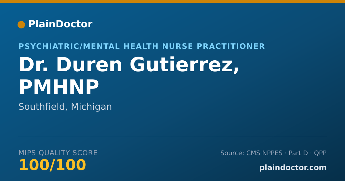 Shareable card for Duren Gutierrez, PMHNP - Psychiatric/Mental Health Nurse Practitioner, Southfield, MI