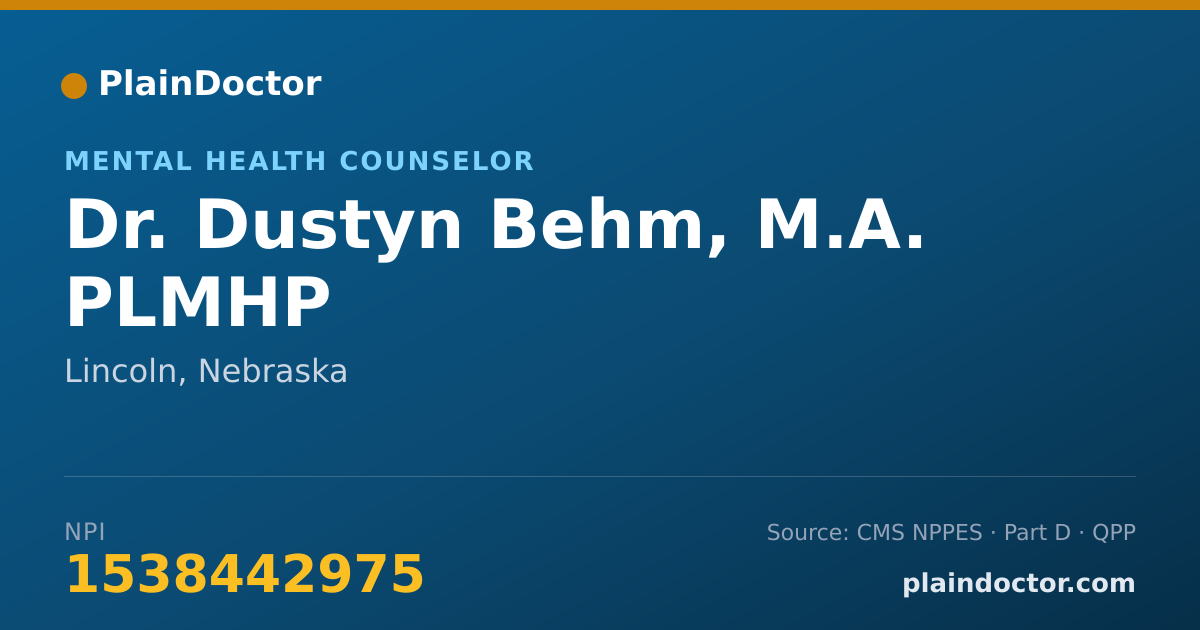 Shareable card for Dustyn Behm, M.A. PLMHP - Mental Health Counselor, Lincoln, NE