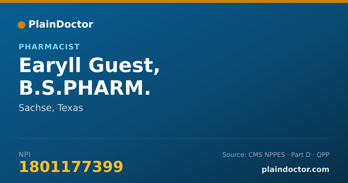 Shareable card for Earyll Guest, B.S.PHARM. - Pharmacist, Sachse, TX