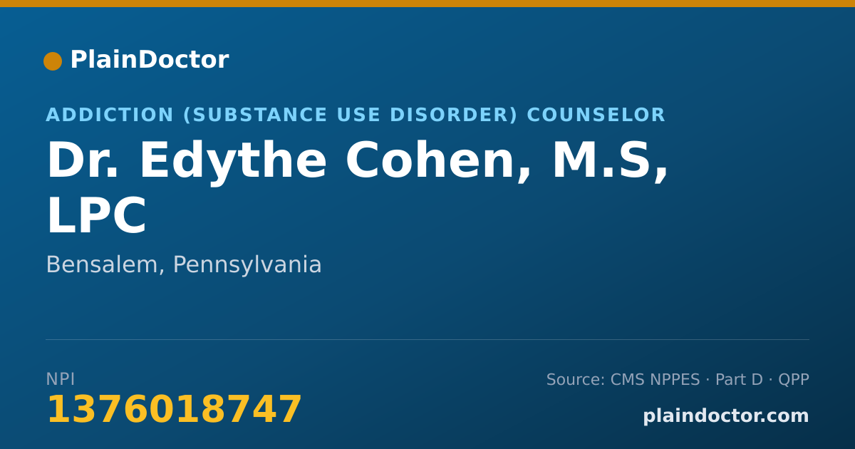 Shareable card for Edythe Cohen, M.S, LPC - Addiction (Substance Use Disorder) Counselor, Bensalem, PA