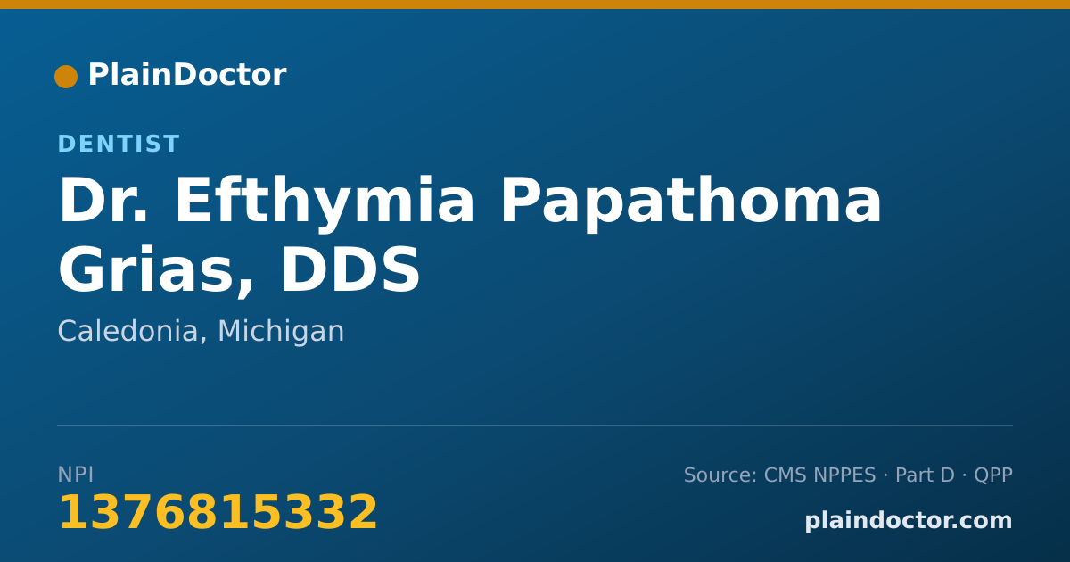 Shareable card for Efthymia Papathoma Grias, DDS - Dentist, Caledonia, MI