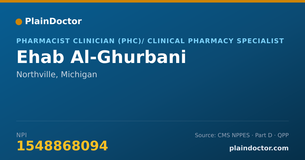 Shareable card for Ehab Al-Ghurbani - Pharmacist Clinician (PhC)/ Clinical Pharmacy Specialist, Northville, MI