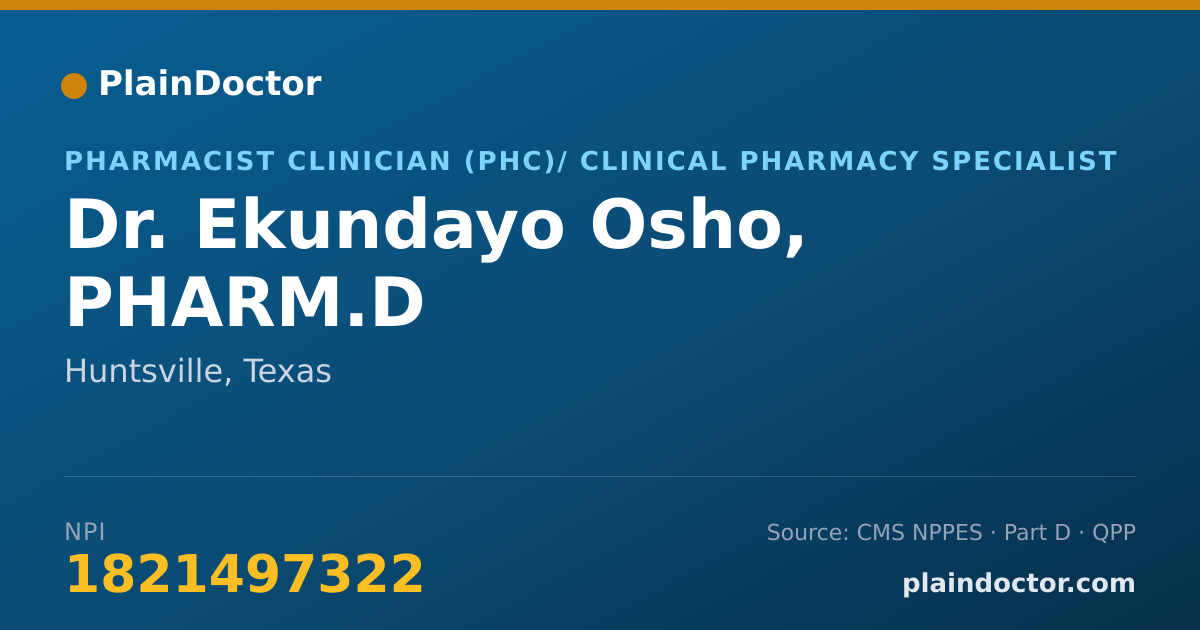 Shareable card for Ekundayo Osho, PHARM.D - Pharmacist Clinician (PhC)/ Clinical Pharmacy Specialist, Huntsville, TX