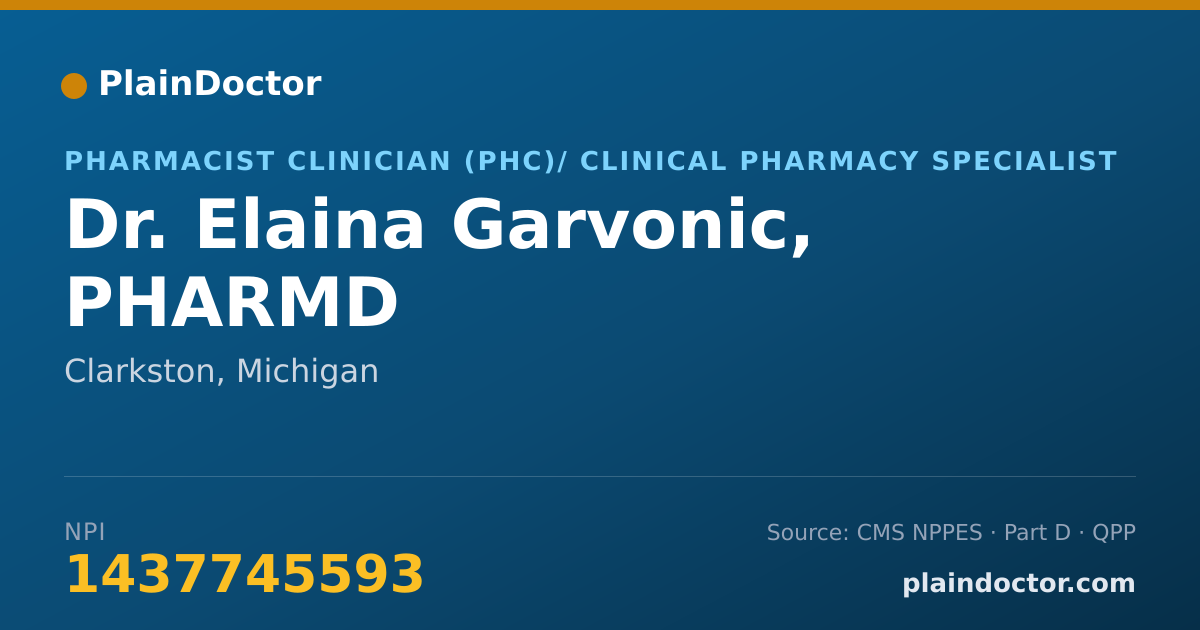 Shareable card for Elaina Garvonic, PHARMD - Pharmacist Clinician (PhC)/ Clinical Pharmacy Specialist, Clarkston, MI