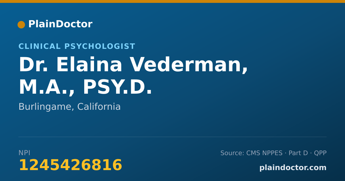 Shareable card for Elaina Vederman, M.A., PSY.D. - Clinical Psychologist, Burlingame, CA