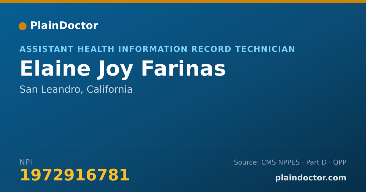 Shareable card for Elaine Joy Farinas - Assistant Health Information Record Technician, San Leandro, CA