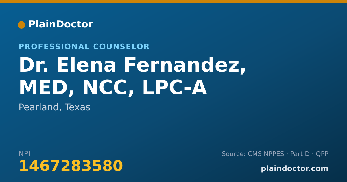 Shareable card for Elena Fernandez, MED, NCC, LPC-A - Professional Counselor, Pearland, TX