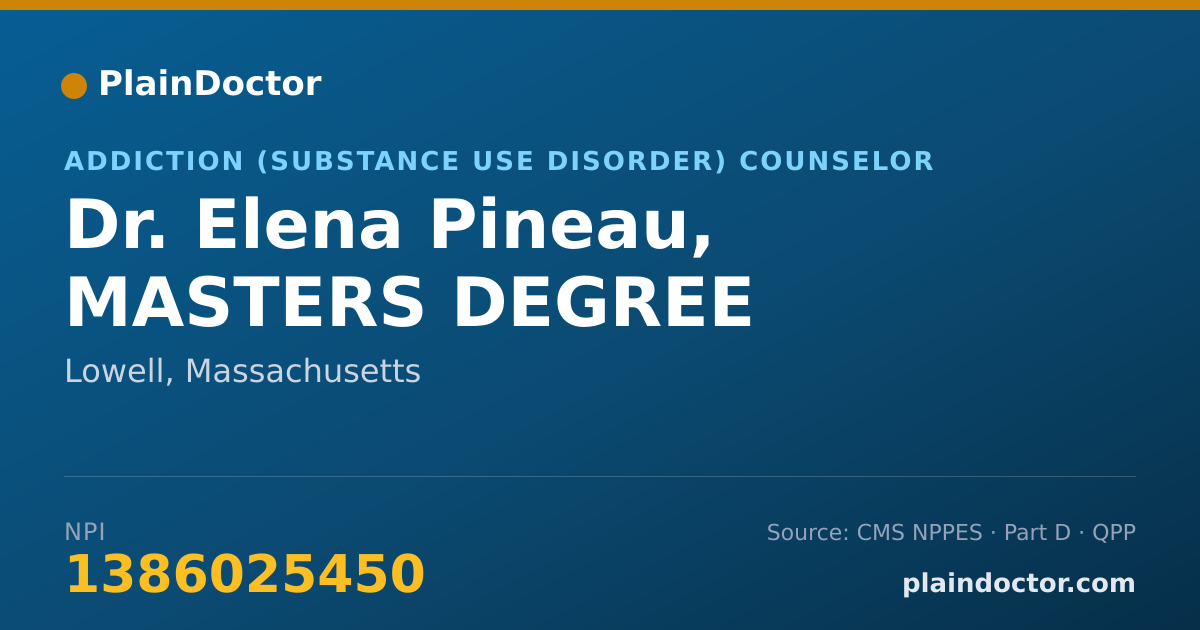 Shareable card for Elena Pineau, MASTERS DEGREE - Addiction (Substance Use Disorder) Counselor, Lowell, MA