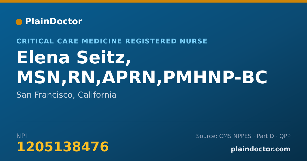 Shareable card for Elena Seitz, MSN,RN,APRN,PMHNP-BC - Critical Care Medicine Registered Nurse, San Francisco, CA