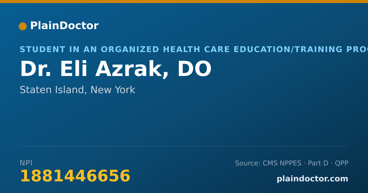 Shareable card for Eli Azrak, DO - Student in an Organized Health Care Education/Training Program, Staten Island, NY