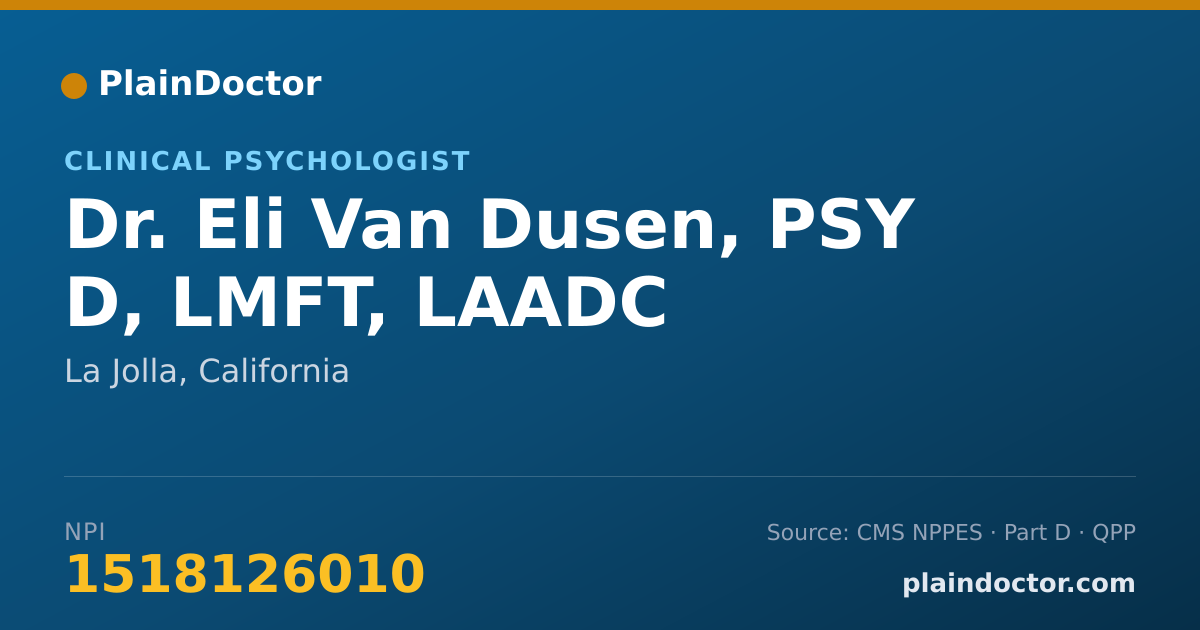 Shareable card for Eli Van Dusen, PSY D, LMFT, LAADC - Clinical Psychologist, La Jolla, CA