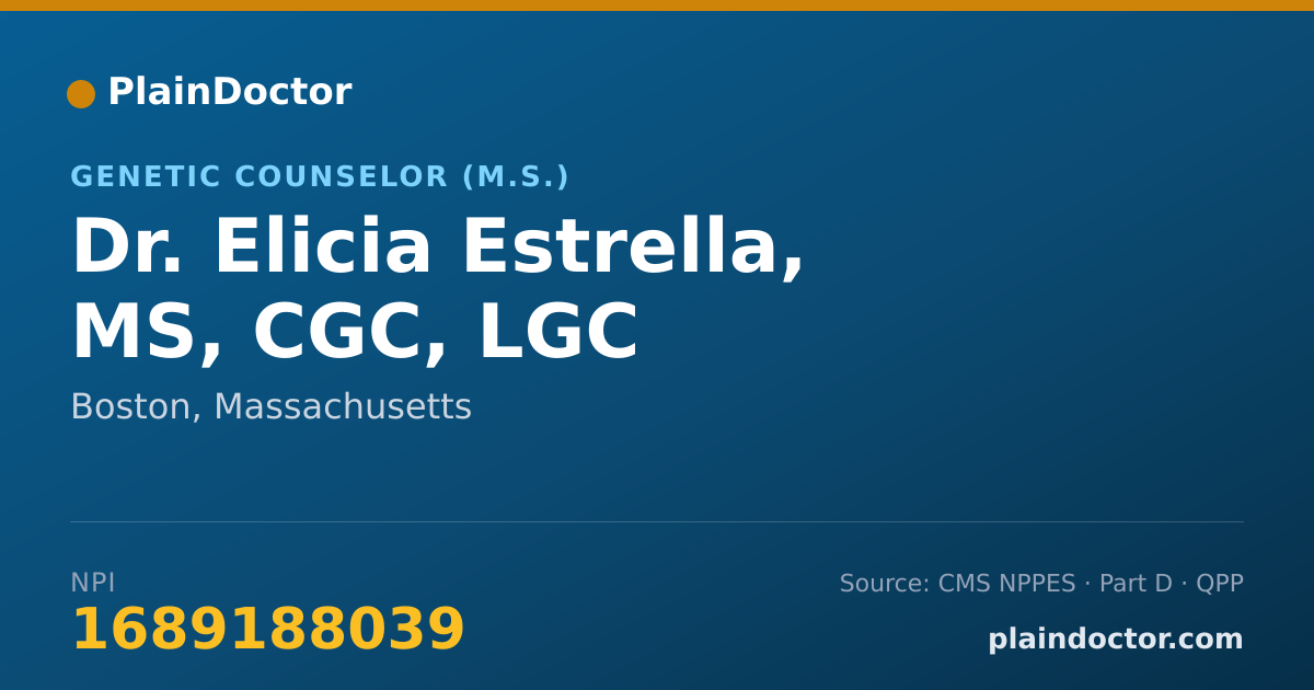 Shareable card for Elicia Estrella, MS, CGC, LGC - Genetic Counselor (M.S.), Boston, MA